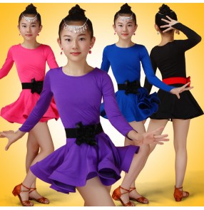 Black fuchsia hot pink royal blue purple violet long sleeves competition stage performance girls kids children latin ballroom dance dresses outfits